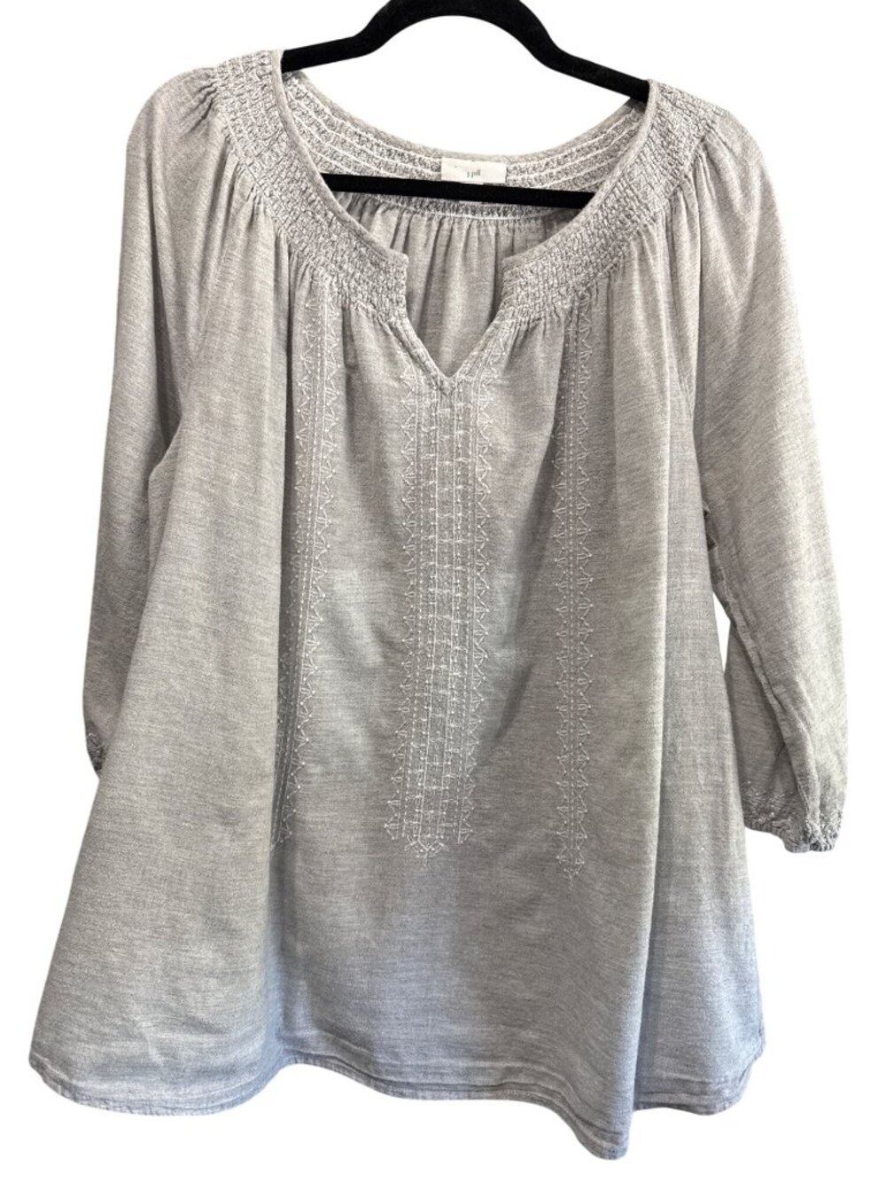 J. Jill Boho Gray Embroidered Cotton Top XL Smocked Neckline Made In India